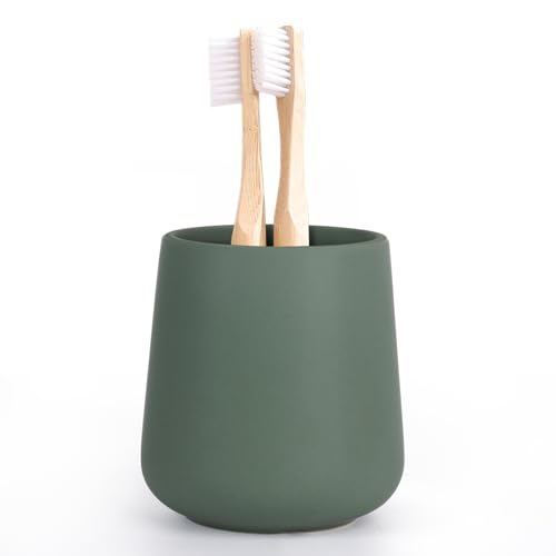 INGOFIN Ceramic Toothbrush Holder for Bathroom, Green Toothpaste Cup | 12oz Toothbrush and Toothpaste Holder for Bathroom Vanity and Countertop, for Cosmetic, Makeup Brush and Office Pencils - color: Matte Green