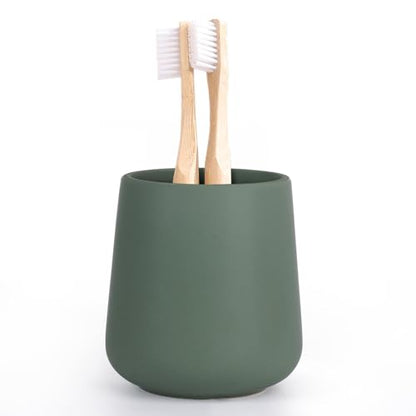 INGOFIN Ceramic Toothbrush Holder for Bathroom, Green Toothpaste Cup | 12oz Toothbrush and Toothpaste Holder for Bathroom Vanity and Countertop, for Cosmetic, Makeup Brush and Office Pencils - color: Matte Green