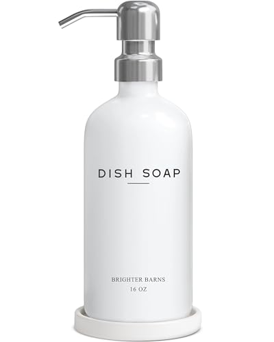 White Glass Dish Soap Dispenser for Kitchen Sink by Brighter Barns - Modern Kitchen Soap Dispenser Set - Refillable Glass Bottle with Pump - Neutral Minimalist Home Decor in Airbnb, Restaurant (White) - color: Silver D