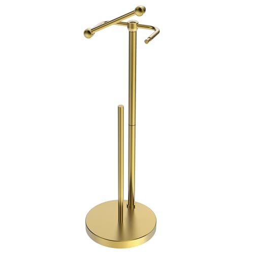 Toilet Paper Holder Stand, Modern Bathroom Free Standing Toilet Paper Holder with Storage for 4 Rolls, Post Pivoting Toilet Paper Stand Stainless Steel Tissue Rack, Heavy Stable Base(Brushed Gold) - color: Brushed Gold, size: Free Standing With Storage