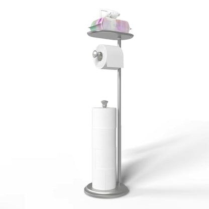 Freestanding Toilet Paper Holder with Shelf and Reserve for Small Bathroom Storage, Holds 5 Mega Rolls/Phone/Wipes Nickel