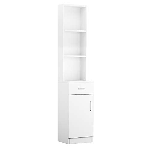 White Bathroom Tall Cabinet, Slim Storage Cabinet, Narrow Freestanding Floor Cabinet with Drawer & Shelves, Linen Tower,Storage Cabinet with Open Shelves,Shelves for Home, Kitchen 34 x 33 x 178CM