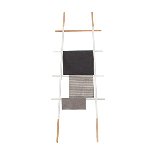 Freestanding Towel Ladder Rack, Space Saving, No-Scratch Wood, for Household Use, White - color: White
