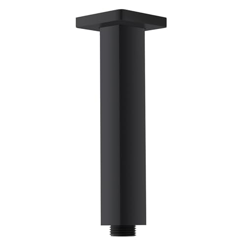 6 Inch Square Matte Black Ceiling Mount Shower Arm and Flange | Stainless Steel, 1/2-Inch NPT, Rain Straight Shower Head Extension Pipe