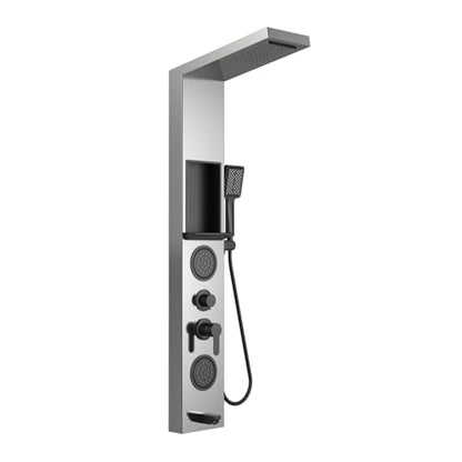 ELLO&ALLO Shower Panel System Tower with Shelf, Rainfall and Waterfall Head Rain Massage Stainless Steel Bathroom Fixtures with Adjustable Body Jets, Brushed&Black - color: Brushed&Black
