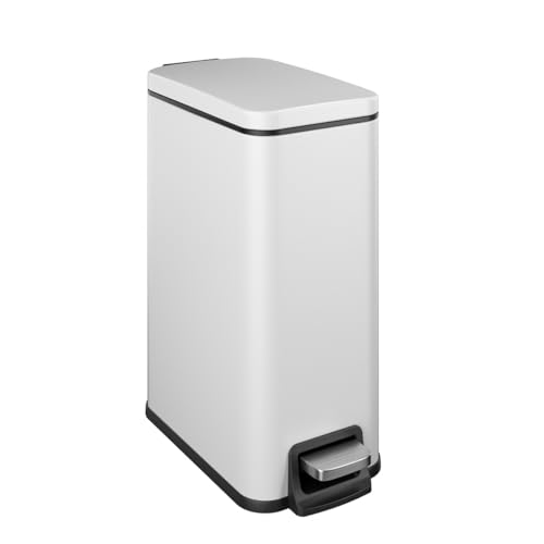 Slim Bathroom Trash Can with Lid Soft Close, 1.6 Gallon Stainless Steel Garbage Can with Removable Inner Bucket, Durable Step Pedal, Small Trash Bins for Toilet, Bedroom, Kitchen, Office - color: White, size: 1.6 Gallon
