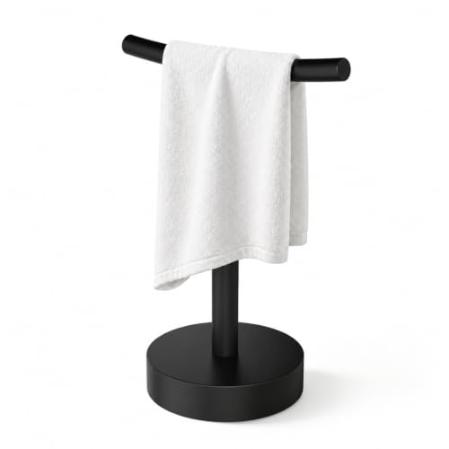 Hand Towel Holder Stand, Matte Black, 10.6" Height | Freestanding T-Shape Towel Rack, Weighted Base, For Bathroom & Kitchen - size: 10.6" Height