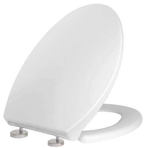 Quiet-Close Elongated Toilet Seat, Heavy Duty Toilet Seat Cover Comfort Non-Slip Seat Toilet Lid Bumpers Quick Release Hinges, Easy to Install & Clean, White