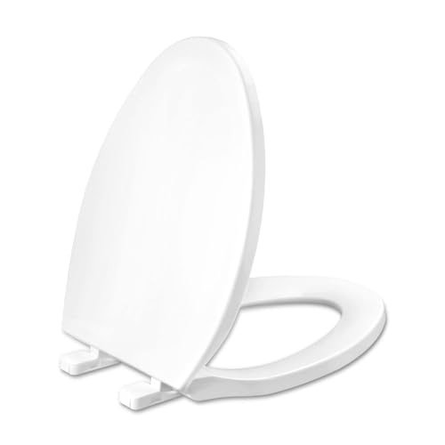 Toilet Seat Elongated, Slow Close Hinges, Non-Slip Bumpers, White | Easy Clean Toilet Seat Cover, Two Mounting Kits, Durable High-Gloss Plastic, Quick-Release, for Standard Elongated Toilets - size: Elongated