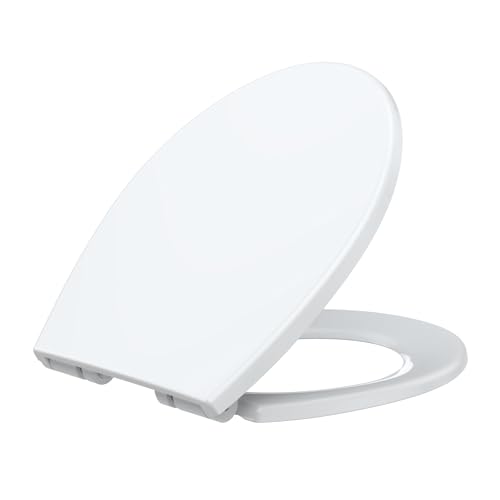 Soft Close Elongated Toilet Seat – White, Quick Release Hinges, Non-Slip Bumpers, Quiet, Easy to Clean – Fits Most American Standard Elongated Toilets – Easy Installation – White, Elongated, Regular - size: Elongated