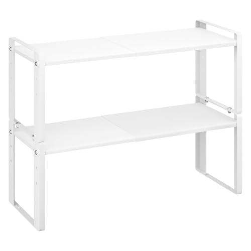 2 Pack Expandable Cabinet Organizer Shelves, 88lbs High Weight Capacity, Stackable Heavy-Duty Metal Storage Rack, Adjustable Cabinet Shelf for Kitchen, Pantry, Cupboard, Under Sink, White - color: White
