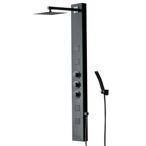Rainfall Shower Tower Shower Wall Panels, Stainless Steel Shower Panel with 4 Body Jets Massage and Adjustable Head, Tub Spout Column Wall Mount, Black