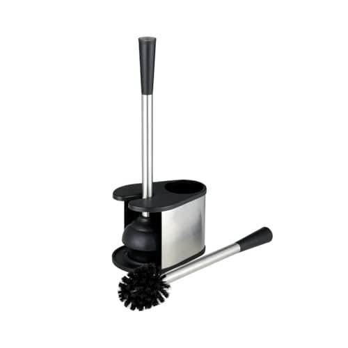 J&V TEXTILES 2-in-1 Toilet Plunger and Brush Set, Extended Stainless Steel Handle, Black Bathroom Cleaning Tools with Storage Holder, Heavy Duty Combo Pack