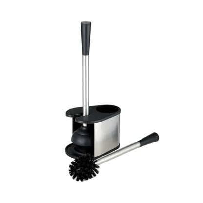 J&V TEXTILES 2-in-1 Toilet Plunger and Brush Set, Extended Stainless Steel Handle, Black Bathroom Cleaning Tools with Storage Holder, Heavy Duty Combo Pack