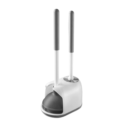 Eyliden Toilet Plunger and Brush Set, 2-in-1 Compact Holder, White | Unclogs Toilets, Deep Cleans Bowls, Nylon Bristles, Rubber Cup, Durable Plastic Caddy, Space-Saver, Bathroom Cleaning Tools - color: White & Grey