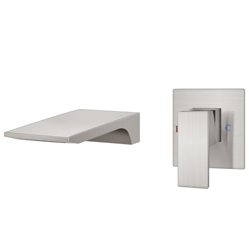 Wall Mount Bathroom Faucet, Waterfall Tub Filler, Brushed Nickel | SUS304 Waterfall Spout, Rough-In Valve, Single-Handle Control, 1/2-Inch NPT, Flexible Handle Placement - color: Brushed Nickel