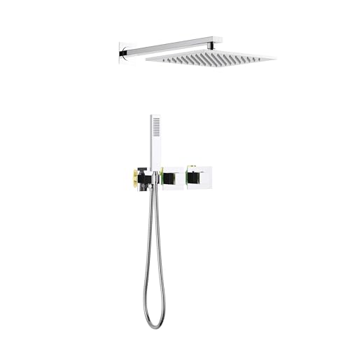 KIBI Cube Thermostatic Bathroom Shower System – 2-Function Wall Mounted Shower Set with Rough-In Valve, Modern Chrome Finish, Durable Rust-Resistant Bathroom Shower Faucet Kit - color: Chrome