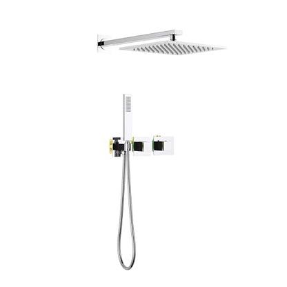 KIBI Cube Thermostatic Bathroom Shower System – 2-Function Wall Mounted Shower Set with Rough-In Valve, Modern Chrome Finish, Durable Rust-Resistant Bathroom Shower Faucet Kit - color: Chrome
