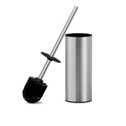 04 Stainless Steel Toilet Bowl Cleaner Brush and Holder Set | Brushed Bathroom Toilet Brush, Floor-Standing Circular Base, Long Handle, Heavy-Duty with 2 Brush Heads - color: H-brushed