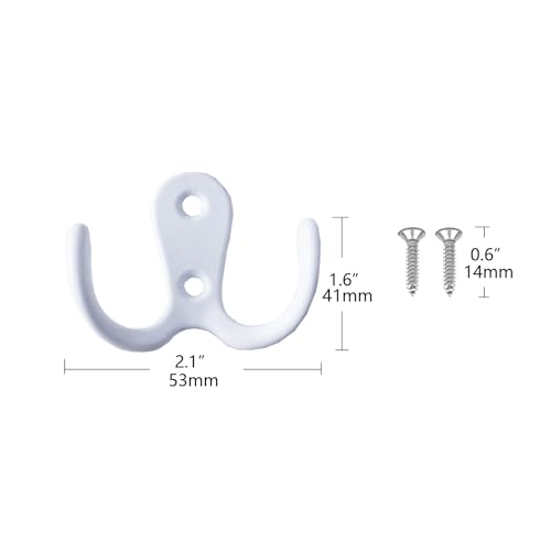 2 Pcs Double Prong Robe Hooks, Dual Coat Hooks Wall Mounted Hanging Clothes for Bathroom Bedroom Door Wall Retro Metal Cloth Hanger Double Coat Hooks with 4 Screws (White) - color: White