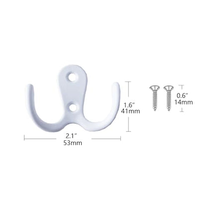 2 Pcs Double Prong Robe Hooks, Dual Coat Hooks Wall Mounted Hanging Clothes for Bathroom Bedroom Door Wall Retro Metal Cloth Hanger Double Coat Hooks with 4 Screws (White) - color: White
