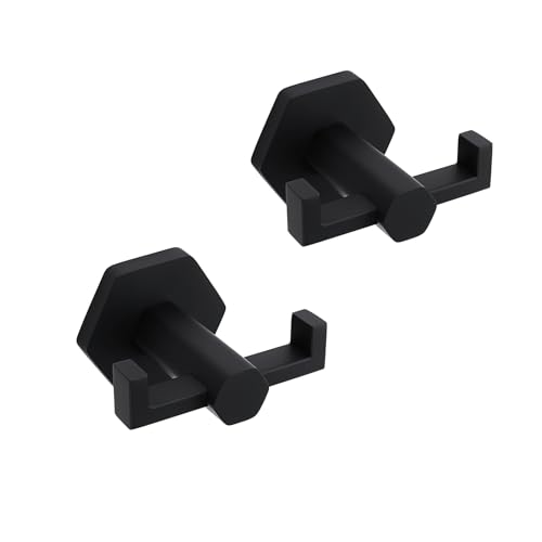 GERZWY Matte Black Coat/Robe Clothes Hook for Bath Kitchen Modern Hotel Style, Stainless Steel Bathroom Double Towel Hook Wall Mounted 2 Pack - color: Black