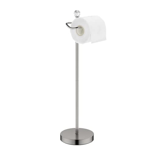 ROLABAM Toilet Paper Holder Stand with Crystal Head, Brushed Nickel Toilet Paper Holder Free Standing 24.4" H, Stand Up Toilet Paper Roll Holder for Bathroom, Floor Toilet Paper Storage - color: Brushed Nickel