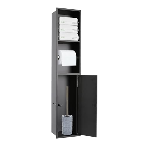 Recessed Toilet Paper Holder, 304 Stainless Steel Bathroom Toilet Paper Holder with Storage Cabinet for Toilet Brush Holder, Built-in Toilet Paper Dispenser (Black)