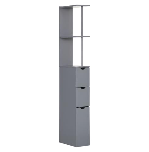 Bathroom Storage Cabinet, 54" Tall Linen Tower, Freestanding Organizer with Drawers & Shelves, Narrow Side Cabinet, Grey