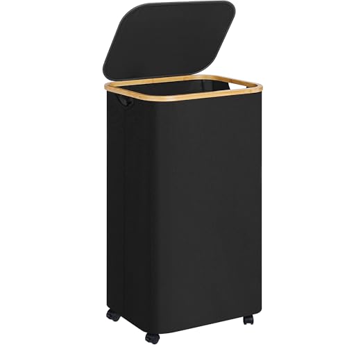 Laundry Basket with Wheels,100L Hampers for Laundry,Black Large Laundry Hamper with Lid and Bamboo Handles,Collapsible & Waterproof Tall Cloth Hamper for Dormitory Family - color: Black, size: 100L with Wheels