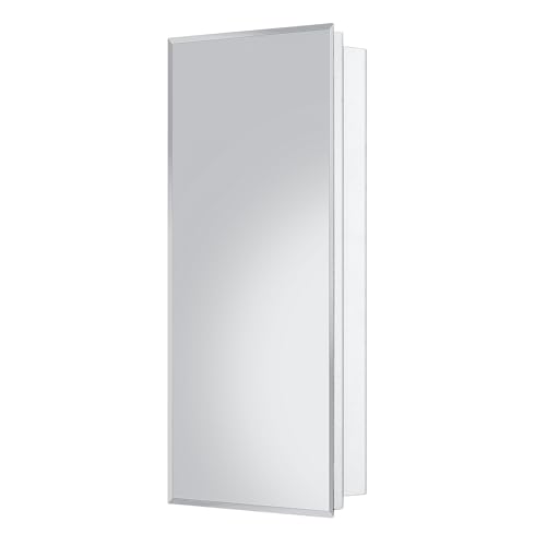 White Metal Medicine Cabinet, 20 x 36 Beveled Mirror, Surface Mount Storage | 20 x 36 Bathroom Mirror Cabinet with Adjustable Staggered Shelves, Continuous Piano Hinge, Reversible Door Swing, Matte White
