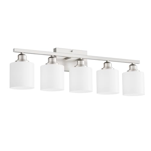 5-Light Bathroom Light Fixture, Brushed Nickel Vanity Lights Over Mirror, Anti-Rust, White Glass Shades, E26 Base, Bulb Not Included - color: Brushed Nickel-5 Light