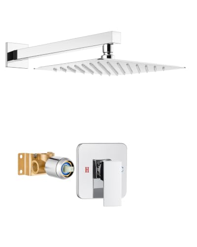 Heyalan 10 Inch Square Rain Shower Faucet Set with Valve, Polished Chrome | Female-thread 1/2-inch NPT connections, SUS304 shower head, brass rough-in valve, single-handle control Shower Set - color: Chrome, size: 10 Inch Square Shower Head