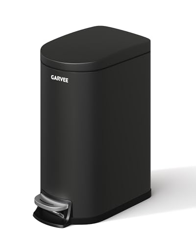 Garvee 2.6 gal / 10 L Metal Bathroom Trash Can with Lid, Slim Waterproof Garbage Can for Bedroom, Small Step-on Trash Bin with Inner Bucket, Rear Handle, Soft Close Lid, Black - color: Black, size: 2.6 Gallons