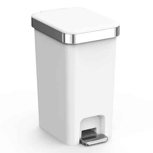 Slim Bathroom Trash Can With Lid, 2.6 Gallon /10 Liter Small Wastebasket, Press Top Bin & Step Metal Pedal Trash Bin, Mini Plastic Garbage Cans for Bedroom, Office, Kitchen, Dorm (grayish-white) - color: Grayish-white-1 Pack