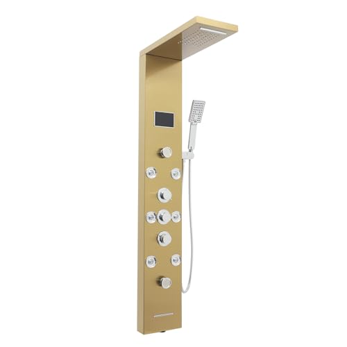 6-in-1 LED Shower Panel Tower System with 8 Adjustable Body Jets, Rainfall & Waterfall Shower, Smart Temperature Display, 59" Hose, Brushed Gold Stainless Steel, Wall Mounted - color: Gold