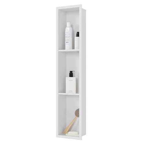 Qeke Stainless Steel Shower Niche 8" X 36", 3-Tiers Wall Niche, White | No tile Needed, Recessed Niche for Bathroom Storage,Waterproof & Space Saving, Over Mount Installation - color: Matte White, size: 8" × 36"