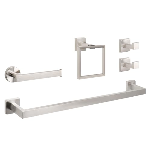 NearMoon 5 Pieces Bathroom Hardware Set 304 Stainless Steel, Square Towel Rack Kit - 24" Towel Rod + Towel Ring + Toilet Paper Holder + 2 Robe Hooks, Wall Mounted Bath Accessories (Brushed Nickel) - color: Brushed Nickel