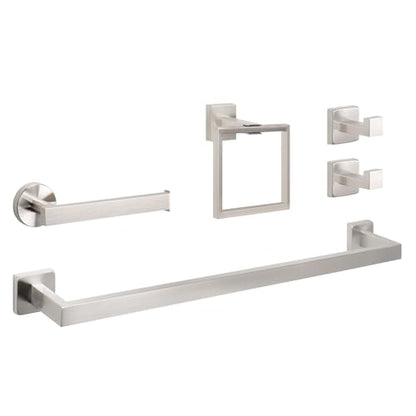 NearMoon 5 Pieces Bathroom Hardware Set 304 Stainless Steel, Square Towel Rack Kit - 24" Towel Rod + Towel Ring + Toilet Paper Holder + 2 Robe Hooks, Wall Mounted Bath Accessories (Brushed Nickel) - color: Brushed Nickel