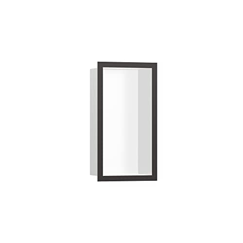 hansgrohe XtraStoris Individual Recessed Wall Niche Matte White with Design Frame 12"x 6"x 4" in Brushed Black Chrome, 56096340 - color: Brushed Black Chrome