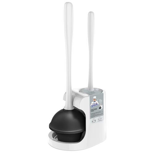 MR.SIGA Toilet Plunger and Bowl Brush Combo for Bathroom Cleaning, White | Heavy duty toilet brush and plunger set, toilet bowl brush and plunger with holder - color: White