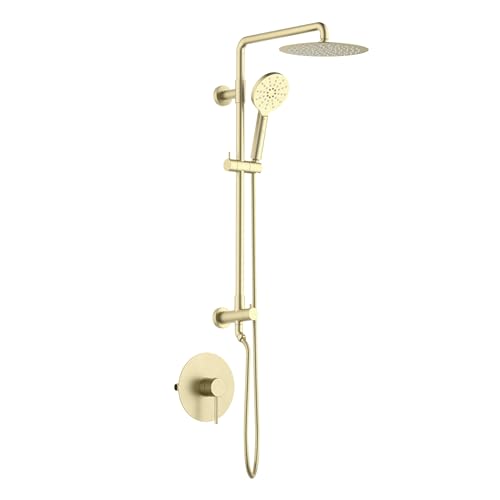 KIBI Circular Wall Mounted Rain Shower Column | 2-Function Shower Faucet System with Rough-In Valve | Solid Brass Construction for Reliable Water Flow and Temperature Control (Brushed Gold, KSC403) - color: Brushed Gold