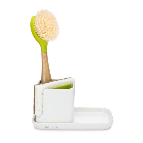 Full Circle Stash, Ceramic Kitchen Sink Caddy, Stylish Modular Sponge Holder & Dish Brush Organizer, Green and White, 11" - color: Green and White
