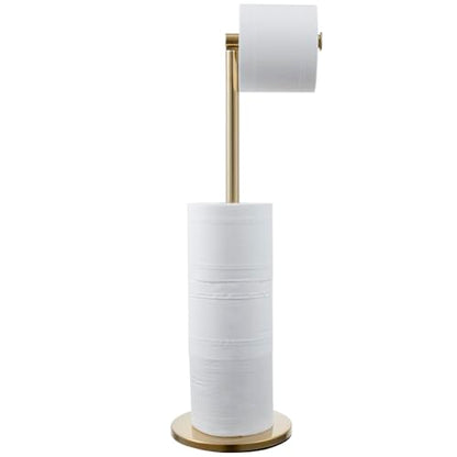 MyGift Modern Brass Tone Metallic Plated Floor Standing Toilet Paper Holder Stand with Roll Reserve Storage Holder, Elegant Freestanding Bathroom Toilet Tissue Dispenser - color: Brass