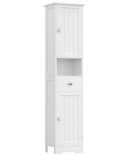 Akxomel 67" H Narrow Tall Bathroom Cabinet with 2 Doors and Storage Drawer | Floor Cabinet with Adjustable Shelves, Anti-Tip Design, 11.0 x 12.6 x 66.9 Inches, for Bathroom, Kitchen，Entryway, White