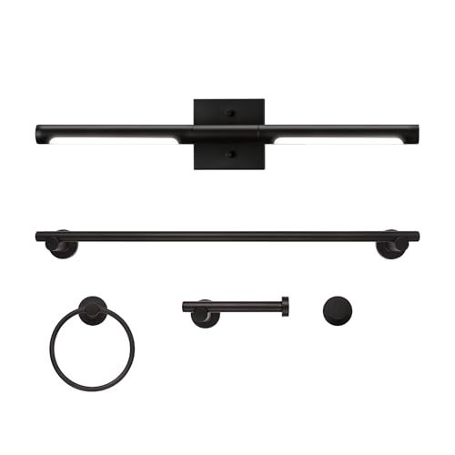Globe Electric 63000203 5-Piece All-in-One Bathroom Set, 2-Light LED Vanity Light, Matte Black, 1200 Lumen, Towel Bar, Robe Hook, Toilet Paper Holder, Towel Ring, Bathroom Lights Over Mirror - color: Matte Black