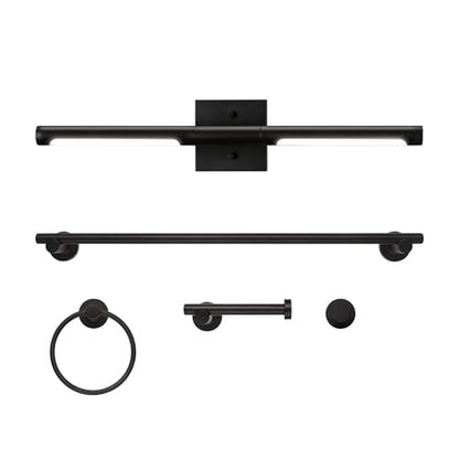 Globe Electric 63000203 5-Piece All-in-One Bathroom Set, 2-Light LED Vanity Light, Matte Black, 1200 Lumen, Towel Bar, Robe Hook, Toilet Paper Holder, Towel Ring, Bathroom Lights Over Mirror - color: Matte Black
