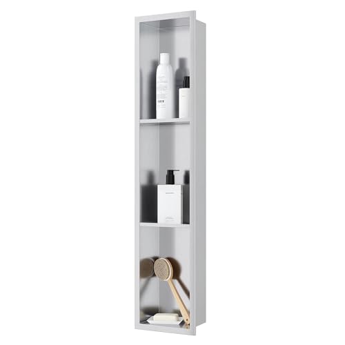 Qeke Stainless Steel Shower Niche 8" X 36", 3-Tiers Wall Niche, Brushed | No tile Needed, Recessed Niche for Bathroom Storage,Waterproof & Space Saving, Over Mount Installation - color: Brushed Nickel, size: 8" × 36"
