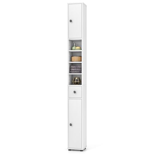 GIANTEX 71” Tall Slim Bathroom Storage Cabinet (White, 1) | Narrow Floor Cabinet with 2 Doors, 5 Adjustable Shelves, 1 Drawer, Anti-Tipping Device for Small Spaces, Living Room, Kitchen - color: White