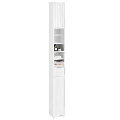 SoBuy Tall Narrow Storage Cabinet, Skinny Bathroom Cabinet with Adjustable Shelves Slender, Anti-Tipping Floor Standing Cupboard, Pinstripe White BZR160-W | BZR160-W Bathroom Cabinet with Doors, Drawer and Adjustable Shelves, Standing Bathroom Shelf, Whit